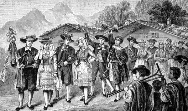 Carinthia, Austria, a wedding celebration, here in the valley Gailthal, Gailtal, illustration from