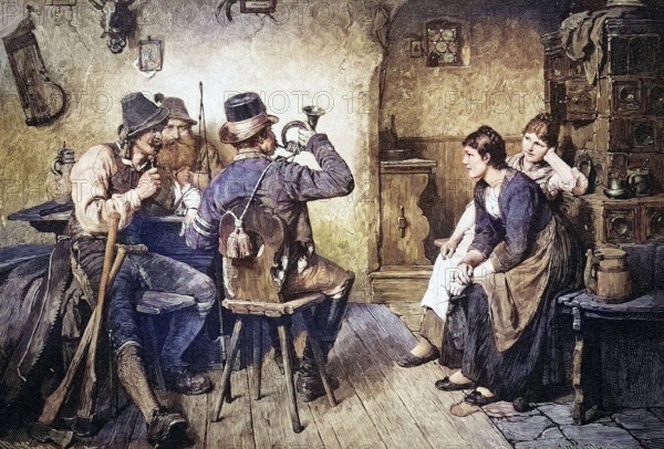 Hunting horn players in the tavern, Austria, coloured wood engraving, reproduction of a model from