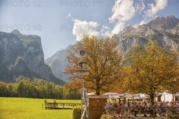 Beer garden in St. Bartholomä, Königssee, mountain lake in the municipality of Schönau am