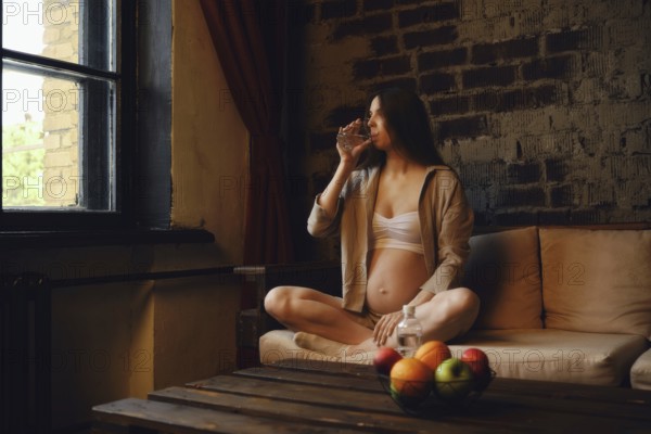 A pregnant woman sits in a cozy room, sipping water while gazing out a window. She is seated