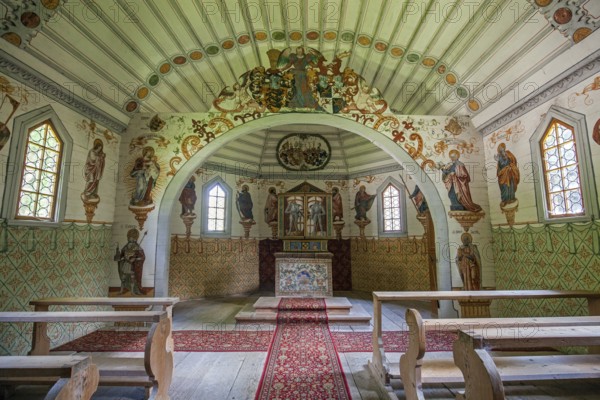 Catholic St Anne's Chapel, interior, Mannerist paintings, oldest wooden chapel in the Alps,