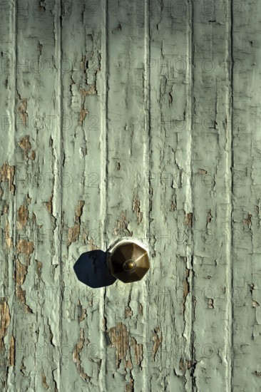 The image captures a close-up of a rustic doorknob on an old, weathered wooden door. The green