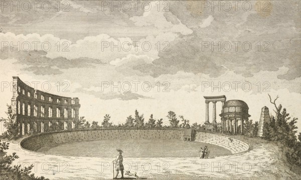 Pool and ruins on a hill opposite Sanssouci, Potsdam, Germany, c. 1880, digitally restored