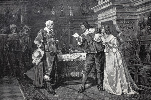 An arrest, the accused reads the warrant, from the time of Richelieu of Boppo 1585, France,