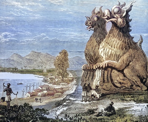 Dragon figures at the Irrawaddy, Myanmar, Burma, coloured wood engraving, Reproduction from a model