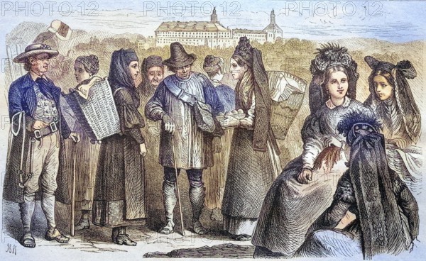 Thuringian folk costumes, Thuringia, Germany, coloured wood engraving, reproduction from a model