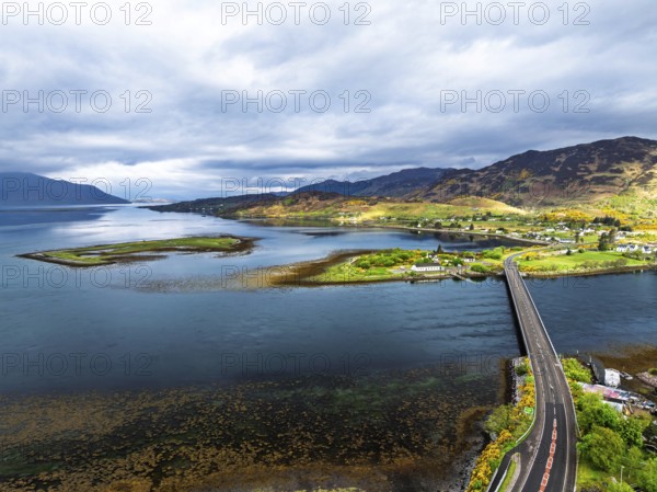 Loch Long Bridge or Dornie New Bridge from a drone, Loch Long River, Highlands, Scotland, England,