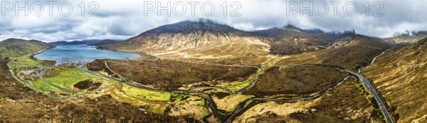Panorama of Eas a' Bhradain Waterfall from drone, Red Cuillin mountains, Loch Ainort, Isle of Skye,