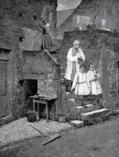 The last sacraments, Priest with altar boys leaving a house in which someone has died and he has