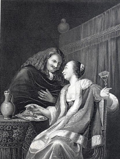Man Serving a Tray of Oysters to a Woman, 1680, France, Historical, digitally restored reproduction