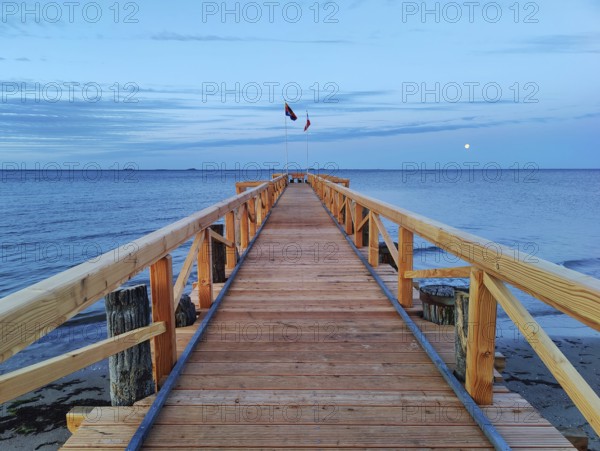 New South Beach Bridge in the early morning with full moon, South Beach, Wyk auf Föhr, North