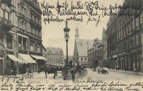 Historical postcard, picture postcard, The main market in Zwickau, Saxony, Germany, digitally