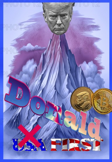 Symbolic image, Trump as a mountain top, towers over the USA, Bitcoin king, kleptocracy, price