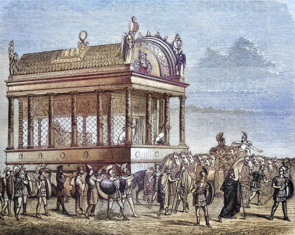 The funeral carriage with the body of Alexander the Great, coloured wood engraving, reproduction of