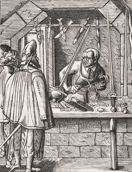 Swordmaker. Reproduction of a woodcut from the 16th century by Jost Amman from the 19th century,