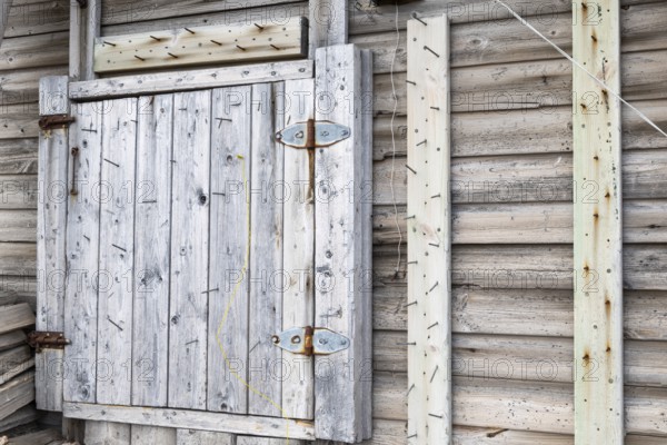 Nails on the wall of a hunting hut, protection from polar bears, wooden hut, Bamsebu, Spitsbergen,