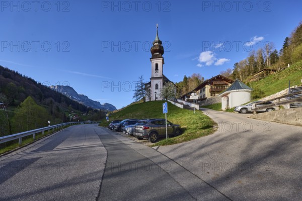 Maria Gern pilgrimage church, church, mountain landscape, hills, mountains, coniferous forest,