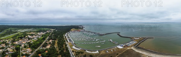 Panorama of Marina in Le Verdon-sur-Mer from a drone, Nouvelle-Aquitaine, Gironde, France, EuropeLe