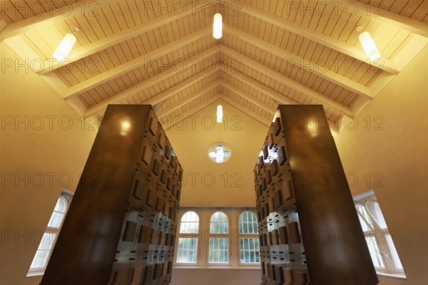 Modern columbarium in the old mourning hall, interior with urn chambers, Cologne Melaten Cemetery,