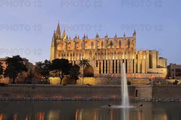 La Seu Cathedral or Cathedral of St Mary at dusk, Palma de Majorca, Majorca, Balearic Islands,