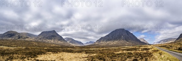 Panorama of Mountains and Moors over Glen Etive Valley, Glencoe, Highlands, Scotland and Buachaille