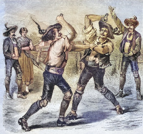 Fist fight with brass knuckles in Tyrol, Austria, coloured wood engraving, reproduction from a