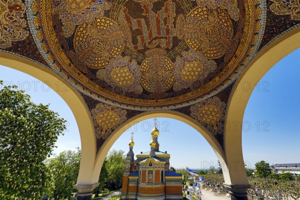 View from the pavilion with artistic mosaic of the Russian Chapel, Mathildenhöhe, UNESCO World