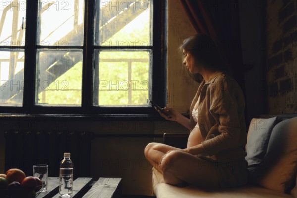A pregnant woman sits cross-legged on a couch in a cozy room, looking out of the window. She is