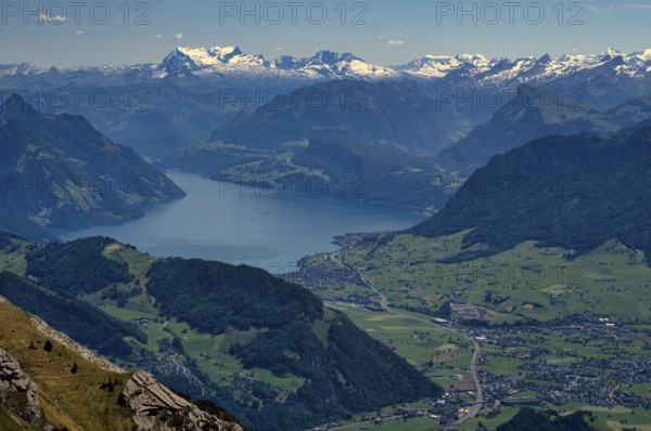 View from Pilatus Kulm mountain station to Stanser Horn, Lake Lucerne, Swiss mountain range, Alps,