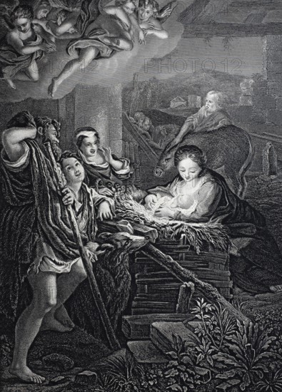 The Holy Night, Birth of Jesus in the stable at Bethlehem, steel engraving after a genre painting