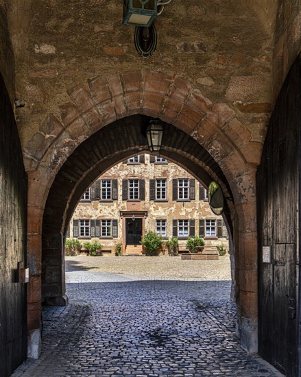 The old castle with Barbarossaplatz and the castle café in the old town centre of Büdingen, Hesse,