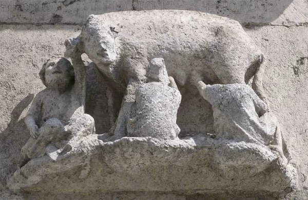Stone sculpture, wall pillar outside the south entrance, the Judensau from the 14th century, at