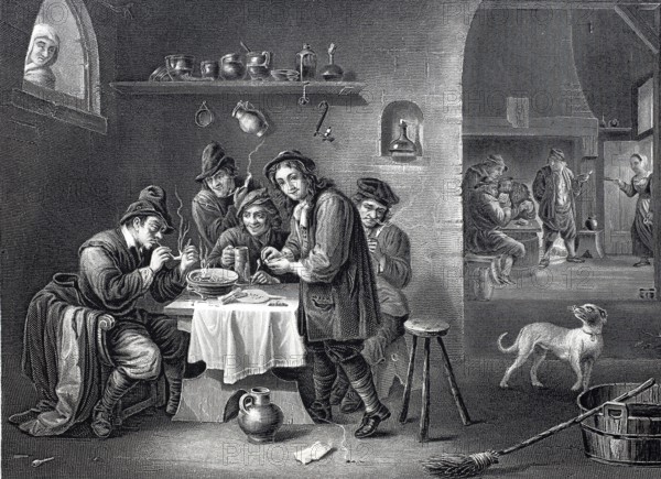 Company of smokers in the parlour of a farmhouse, around 1650, Historic, digitally restored