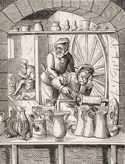 Tin man, tinsmith. Reproduction of a woodcut from the 16th century by Jost Amman from the 19th