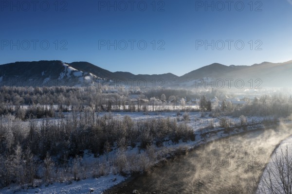 Sunrise on the Isar, Isar valley near Arzbach, Tölzer Land, in winter, aerial view, Upper Bavaria,