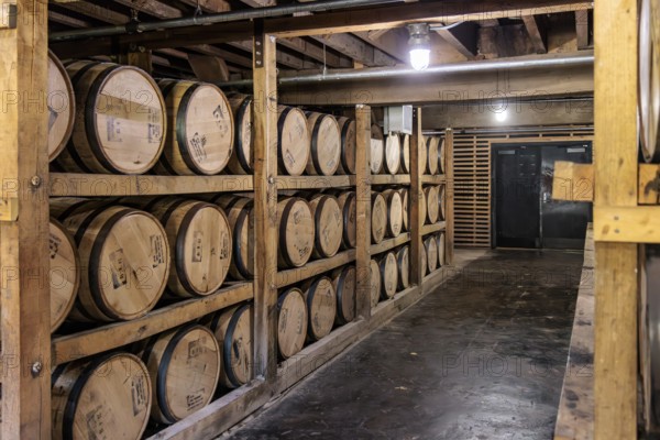 Barrels of whiskey aging in one of the barrel houses at the Jack Daniel Distillery in Lynchburg,