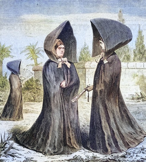 Women's traditional costume from the island of Fayal, Azores, coloured wood engraving, reproduction