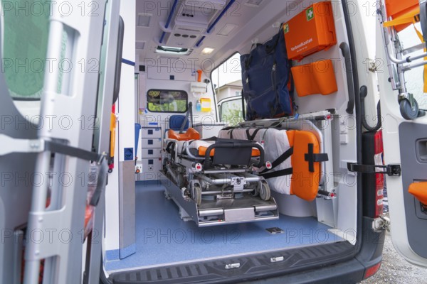 Interior view of an equipped ambulance with stretcher and emergency equipment, Sindelfingen,