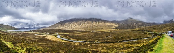Panorama of Eas a' Bhradain waterfall, Red Cuillin mountains, Loch Ainort, Isle of Skye, Scotland,