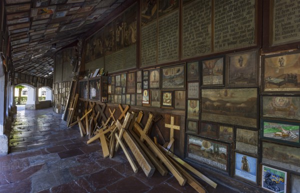 Votive plaques in the walkway around the Chapel of Grace, Kapellplatz, place of pilgrimage,