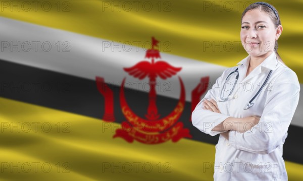 Female doctor on Brunei flag. Doctor with crossed arms on Brunei flag. Brunei health and care