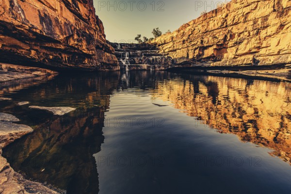 Bell Gorge waterfall, a body of water in north-west Australia in the Kimberley. Sunrise in the