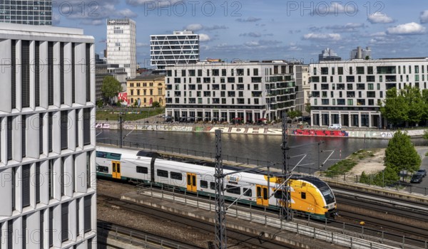 View from the roof of the Futurium Museum onto the Humboldt harbour at Berlin Central Station,