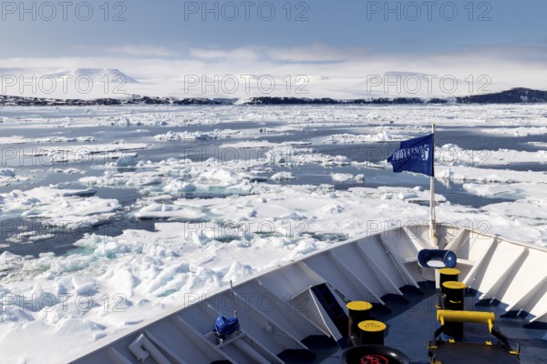 Bow of expedition ship in sea ice, Ice Edge, Spitsbergen, Svalbard