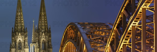 Cologne Cathedral and the Hohenzollern Bridge illuminated with LED lights, Cologne, North