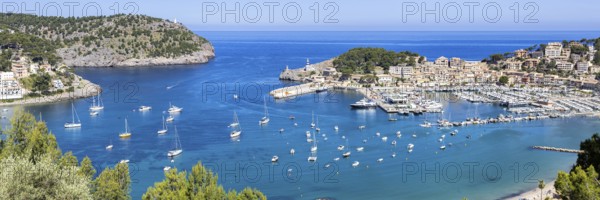 Port de Soller on Majorca from above Holiday by the sea Panorama beach Harbour with boats Trip in
