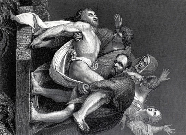 The Entombment of Christ, steel engraving after a painting by Caravaggio, historical, digitally