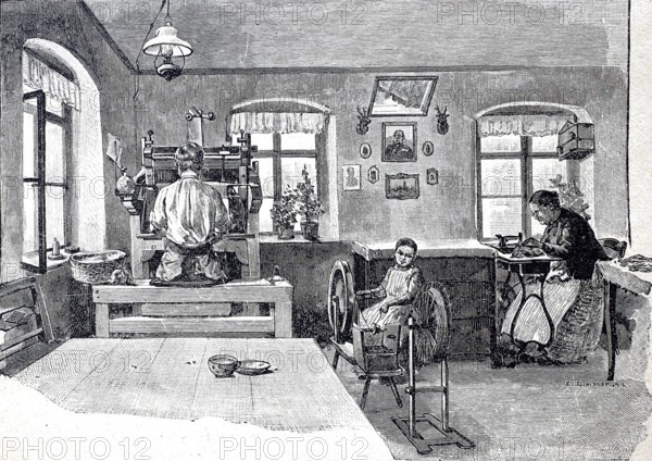 Glove-making workshop, view into a glove-making room, around 1870, digitally enhanced reproduction