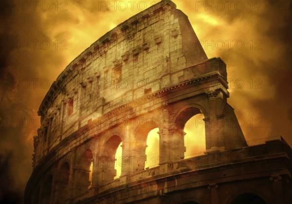 Golden hues light up the Colosseum as it stands majestically against the evening sky. This iconic