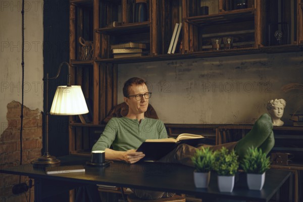 A person sits comfortably in a modern workspace, immersed in a book. Soft lamp light creates a warm
